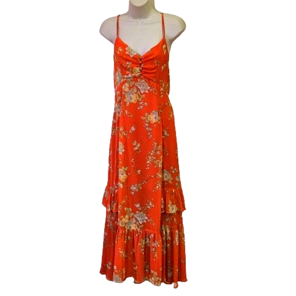 Urban Outfitters Orange/Yellow MultiColor Floral Strappy Ruffle Maxi Dress,Large - Picture 2 of 16